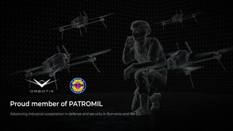 Visual representation of Orbotix joining PATROMIL, showing autonomous aerial platforms and a tactical operator within a digital grid environment that symbolizes defense-industrial cooperation, technology integration, and coordinated capability development in Romania and the European Union.